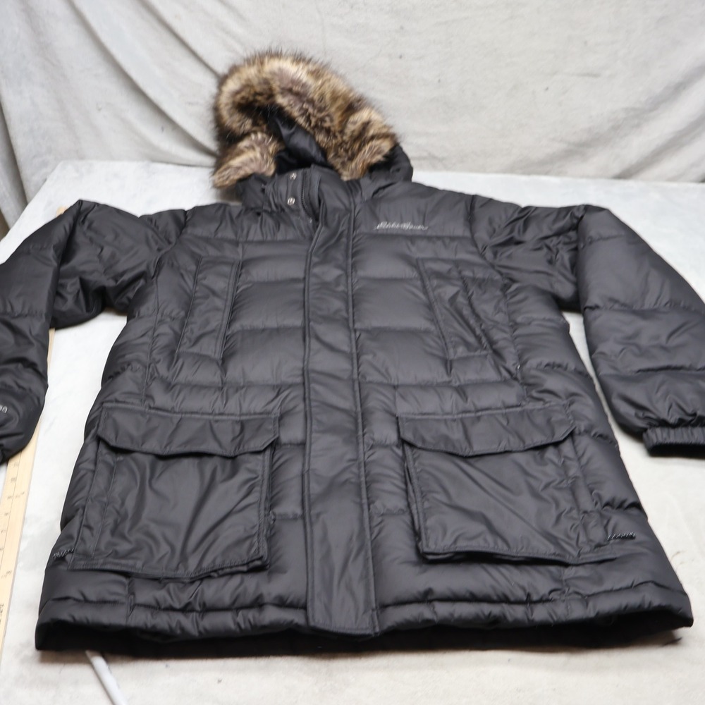 Eddie Bauer Down Jacket Men XL Black 550 Fill Insulated Faux Fur Puffer Parka